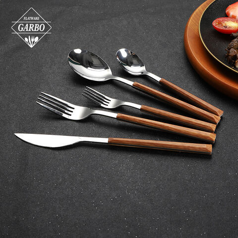 Set of 5 Flatware Stainless Steel Fork/Spoon/Knife/Teaspoon Cake Fork with  Wooden Plastic Handle 