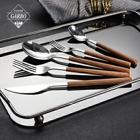 Set of 5 Flatware Stainless Steel Fork/Spoon/Knife/Teaspoon Cake Fork with  Wooden Plastic Handle 