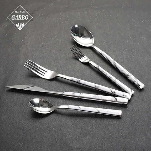 Tableware Silver Spoons Forks Knife Set with ABS Marble Design Plastic handle