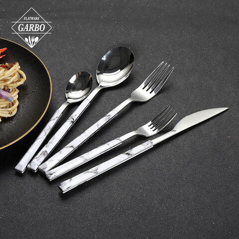 Tableware Silver Spoons Forks Knife Set with ABS Marble Design Plastic handle