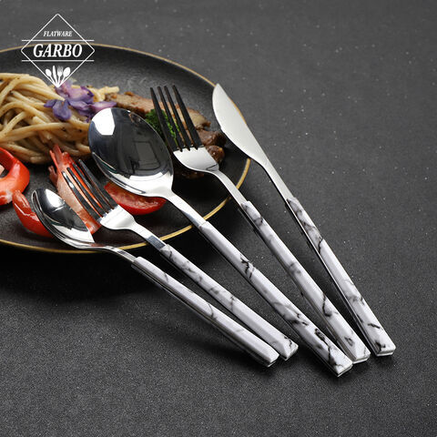 Tableware Silver Spoons Forks Knife Set with ABS Marble Design Plastic handle