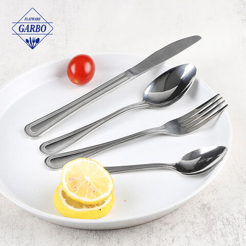 Matt Polished Minimalist Embossed Lace Handle Silvery Stainless Steel Flatware Sets