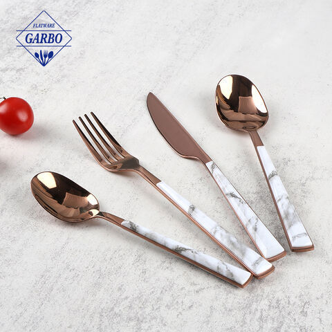 PVD Rose Golden Marble Plastic Handle Decorative Stainless Steel Cutlery Sets