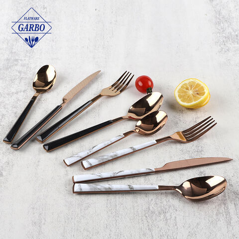 PVD Rose Golden Marble Plastic Handle Decorative Stainless Steel Cutlery Sets