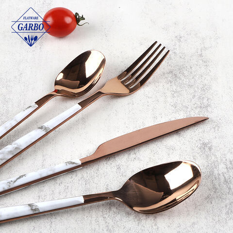 PVD Rose Golden Marble Plastic Handle Decorative Stainless Steel Cutlery Sets