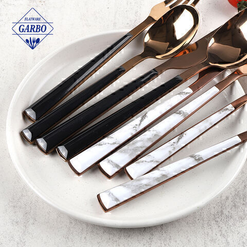 PVD Rose Golden Marble Plastic Handle Decorative Stainless Steel Cutlery Sets