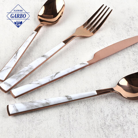 PVD Rose Golden Marble Plastic Handle Decorative Stainless Steel Cutlery Sets