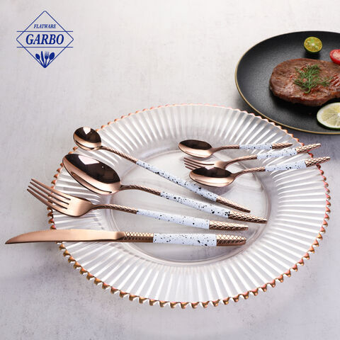 rose golden color engraved flatware high end polish white marble handle cutlery