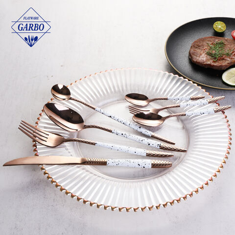 rose golden color engraved flatware high end polish white marble handle cutlery