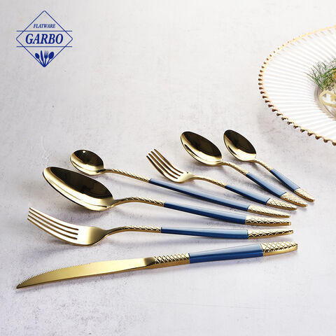 shinning golden polish blue color handle flatware high quality stainless steel cutlery set