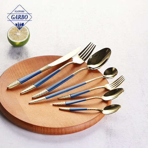 shinning golden polish blue color handle flatware high quality stainless steel cutlery set
