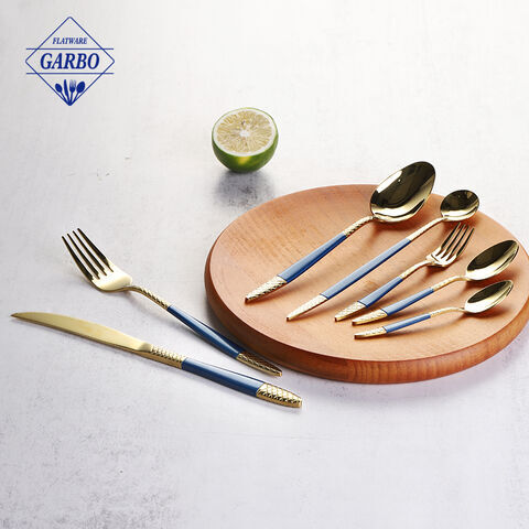 shinning golden polish blue color handle flatware high quality stainless steel cutlery set