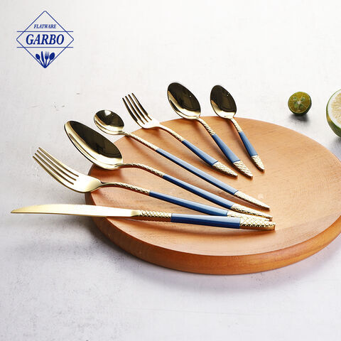 shinning golden polish blue color handle flatware high quality stainless steel cutlery set