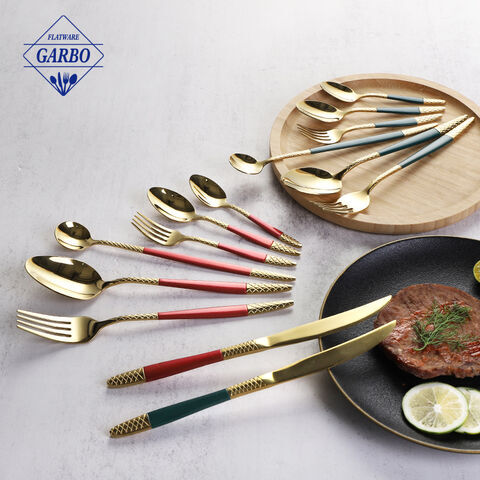 shinning golden polish blue color handle flatware high quality stainless steel cutlery set