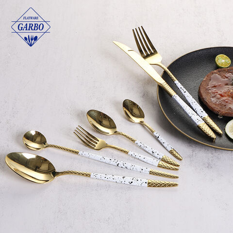 STOCKED 6pcs PVD Gold Stainless Steel Flatware Cutlery Sets na may Puting Handle