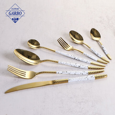 STOCKED 6pcs PVD Gold Stainless Steel Flatware Cutlery Sets with White Handle