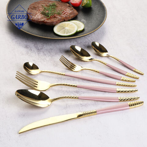 Mirror Polished PVD Golden Stainless-Steel Flatware Sets with Decorative Pink Handle