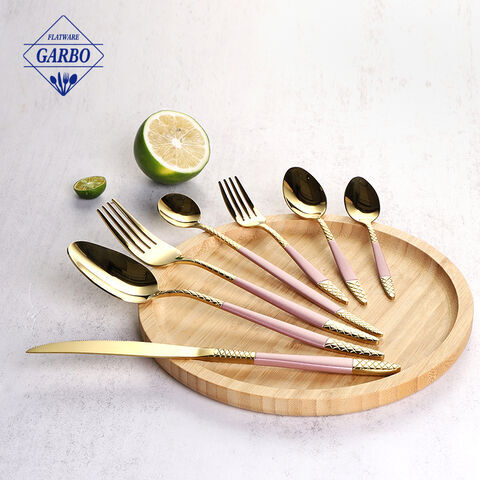 Mirror Polished PVD Golden Stainless-Steel Flatware Sets with Decorative Pink Handle