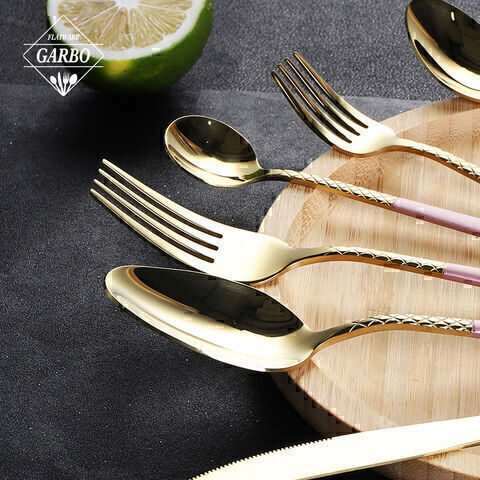 Mirror Polished PVD Golden Stainless-Steel Flatware Sets with Decorative Pink Handle