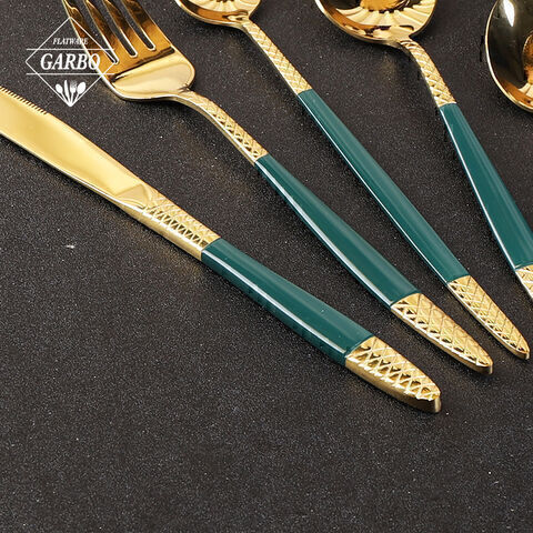 Decorative Green Handle High Quality Dinnerware Golden Stainless Steel Cutlery Sets