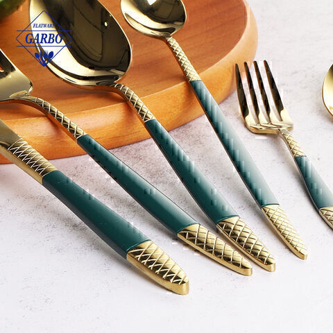 Decorative Green Handle High Quality Dinnerware Golden Stainless Steel Cutlery Sets