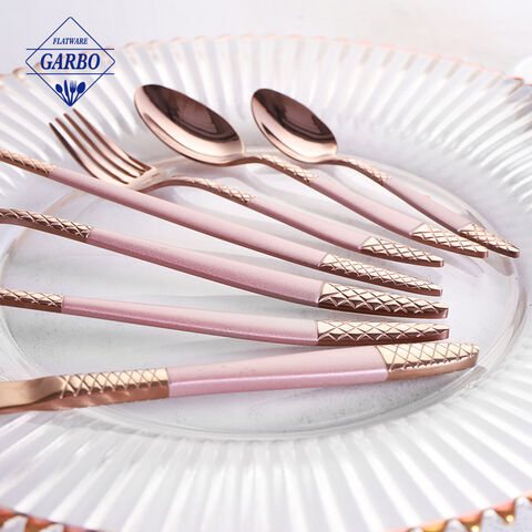 Gentle PVD Rose Golden Decorative SS Dinner Flatware Sets with Elegant Pink Handle