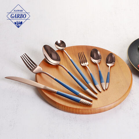 E-plating rose gold color flatware with blue handle mirror polish cutlery set