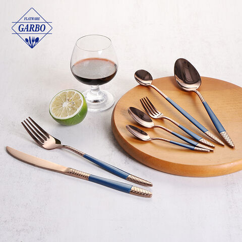 E-plating rose gold color flatware with blue handle mirror polish cutlery set