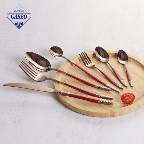 E-plating rose gold color flatware with blue handle mirror polish cutlery set