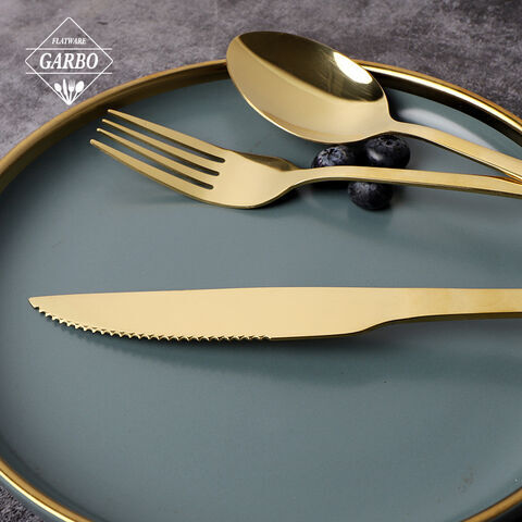 Amazon hot selling steak knife gold e-plating stainless steel dinner serrated knife