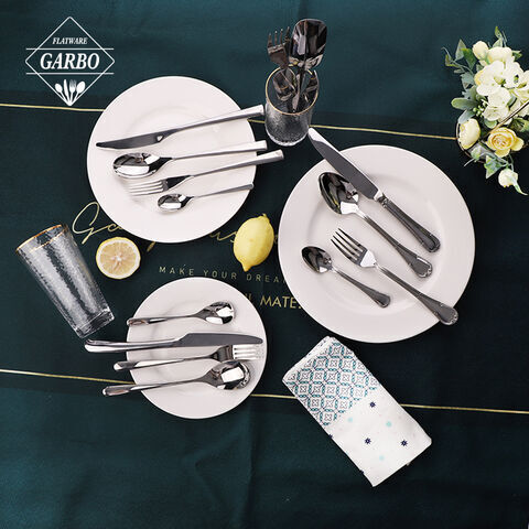 klasik warna silver grosir 430 stainless steel sendok garpu set cermin sendok garpu