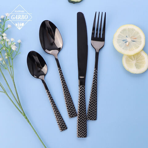 China Factory Manufacture Flatware Set PVD Black Color na may Laser Pattern Handle