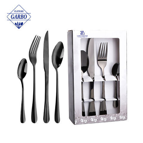 Modern Black Stainless Steel Flatware Knife Fork Spoon Set with Display Box