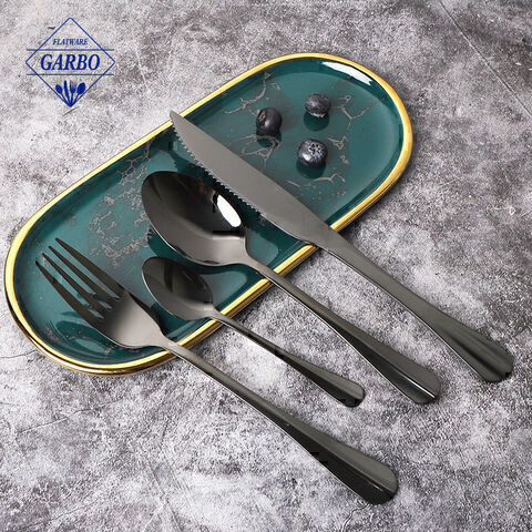 Modernes Besteck-Messer-Gabel-Löffel-Set aus schwarzem Edelstahl mit Display-Box