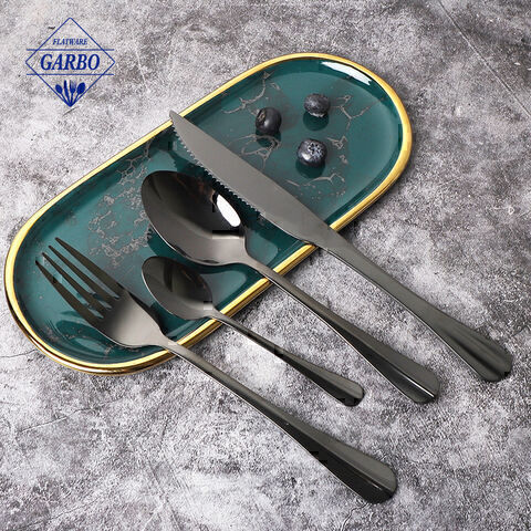 Set Sendok Garpu Sendok Garpu Stainless Steel Hitam Modern dengan Kotak Tampilan