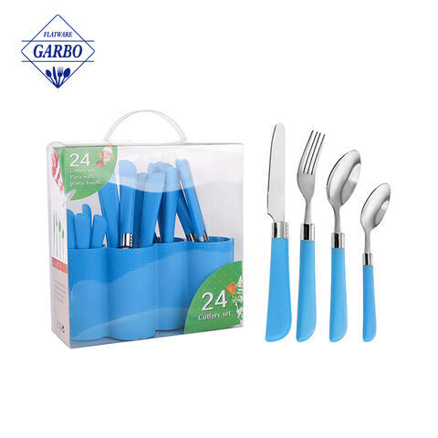 Set sendok garpu stainless steel set 24 buah perak dengan gagang kulit biru