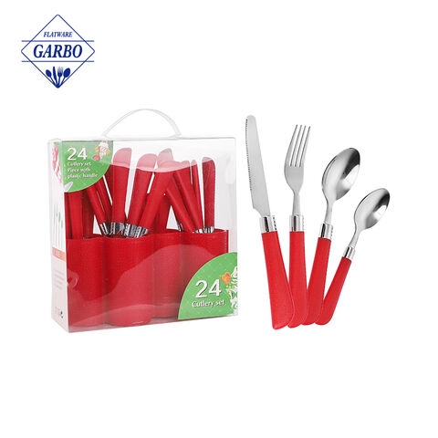 Matingkad na pulang plastic handle inox flatware set para sa hapunan