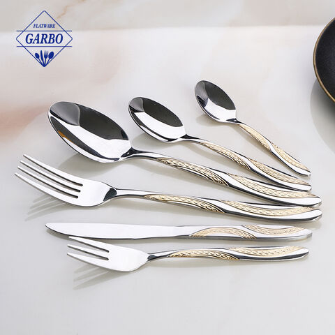 Restaurant Used Embossed Handle Luxury Gold Plated Cutlery