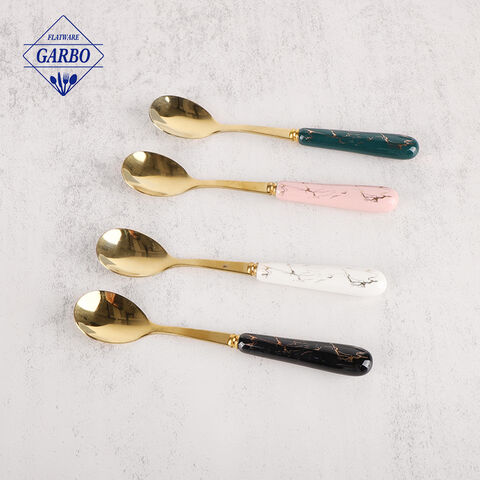 Gold Plated Children Coffee Spoon Marble Handle Cake Spoon