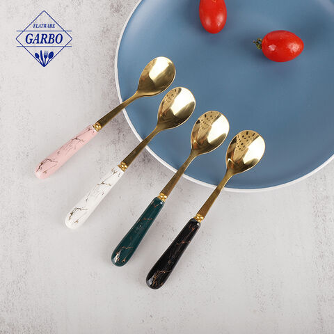 Gold Plated Children Coffee Spoon Marble Handle Cake Spoon