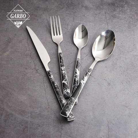 Fashion black marble design plastic handle dinner flatware set