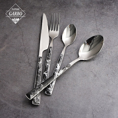 Fashion black marble design plastic handle dinner flatware set