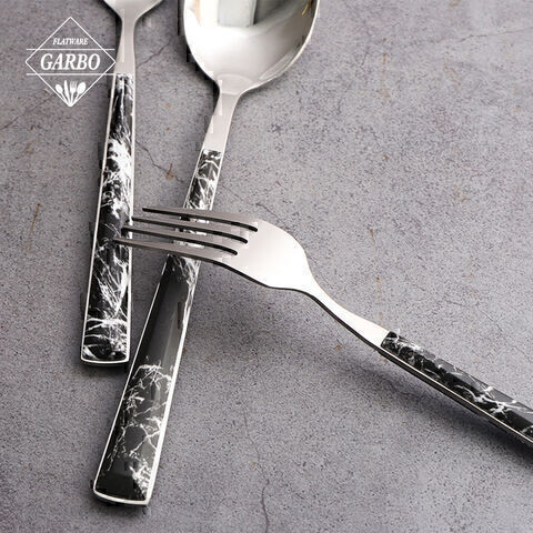 Fashion black marble design plastic handle dinner flatware set