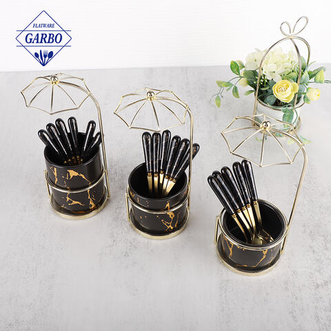 Cafe Must-Have Marble Golden Dessert Spoon Set Pabrik Diproduksi Sendok Garpu