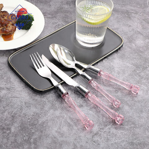 Pink color plastic handle sliver cutlery set for home popluar 