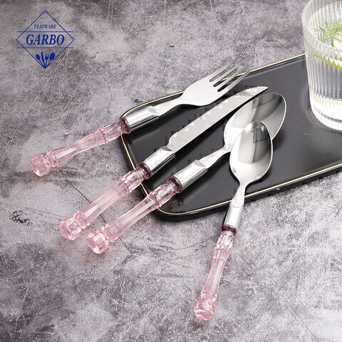 Pink color plastic handle sliver cutlery set for home popluar 