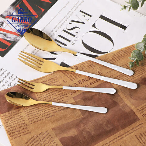 4pcs-set 430 stainless steel cutlery gold e-plating eating utensils na may puting hawakan