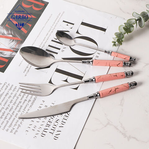 Wholesale Vintage Cutlery White Marble Handle Metal Dinner Fork Set 4 PCS Stainless Steel Gold Fork Set with Ceramic Handle