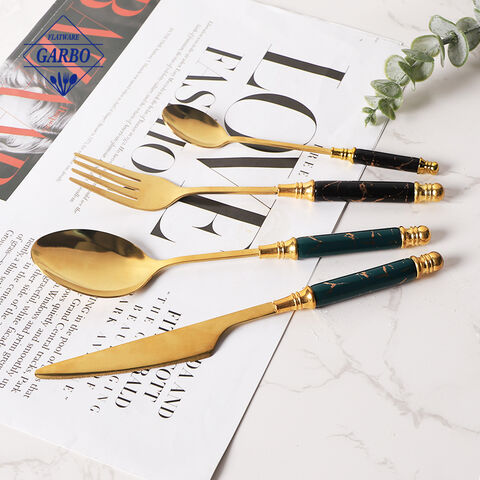 Wholesale Vintage Cutlery White Marble Handle Metal Dinner Fork Set 4 PCS Stainless Steel Gold Fork Set with Ceramic Handle