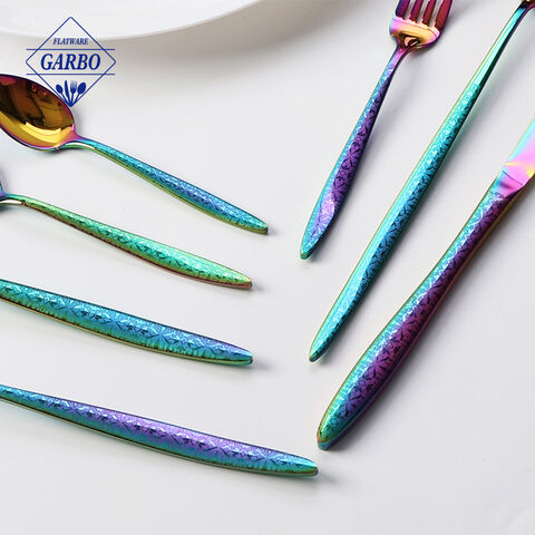 Set sendok garpu stainless steel warna pelangi berkualitas tinggi